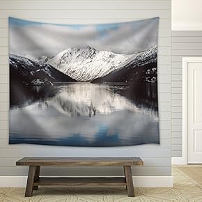 Snow Mountain with Reflection in The Lake - Fabric Wall Tapestry Home Decor - 51x60 inches