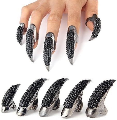 False Nail Punk Style Clear Crystal Claw Paw Talon Finger RING Knuckle Bend Fingertip Finger Claw Ring Set of 5 Pcs (Black) by andimoyi