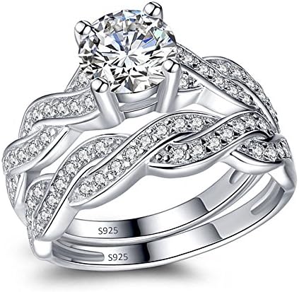 MABELLA925 Solid Sterling Silver Matching Bridal Set Wedding Engagement Rings Clear Round Cubic Zirconia Eternity Ring for Women