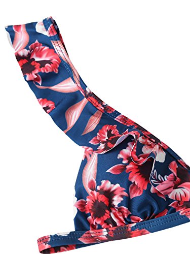 SOLYHUX Women's Flower Print Ruffle Strap Bikini Set Swimsuit Dark Blue S - Thumbnail 3