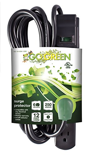 Go Green Power GG-16103M-12BK 6 Outlet Surge Protector with 12' Cord, Black