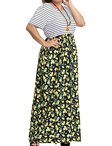 image for Allegrace Women's Plus Size Floral Print Striped Patchwork Maxi Dress 