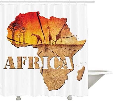 Yeuss African Decorations Collection, Africa Map with Wood Tree Texture and Giraffe Figures Fantasy Spiritual Continent, Polyester Fabric Bathroom Shower Curtain Set with Hooks, Orange Tan 60"x72"
