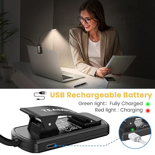 TEAMPD 10 LED Reading Light, 3 Bright Colors Eye Protection, Adjustable Brightness, USB Rechargeable, 12H Battery Life, Flexible Clip for Reading, Painting, Travel