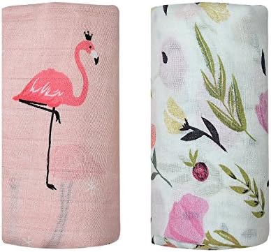 Bamboo Muslin Swaddle Square Blankets - 2 Pack Flamingo & Floral Print Baby Receiving Blanket Wrap for Girl Shower Gift by Qav Juh (Flamingo&Flower)
