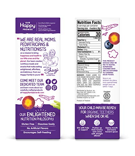 HAPPY BABY GENTLE TEETHERS ORGANIC TEETHING WAFERS BLUEBERRY PURPLE CARROT, 0.14 OUNCE PACKETS (BOX OF 12) SOOTHING RICE COOKIES FOR TEETHING BABIES DISSOLVES EASILY, GLUTEN FREE NO ARTIFICIAL FLAVOR