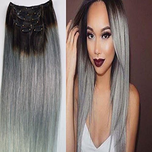 22inch Ombre Brazilian Clip In Human Hair Extensions Silky Straight Silver Grey Clip In 7Pcs 1B/gray Ombre Clip In Hair Extensions Full Head 120G/set