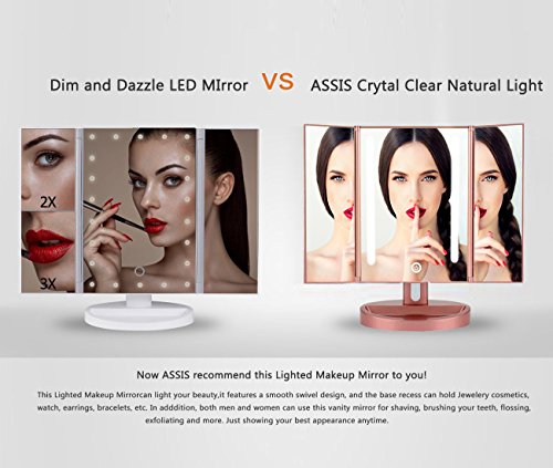 ASSIS Led Lighted Makeup Mirror with 10X Magnifying, Natural LED, Touch Screen and Auto Off Dual Power Supply, 180Â° Adjustable, Portable Compact Travel Trifold Vanity Mirror(Rose Gold)