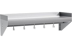 Halamine Stainless Steel Shelf 36 * 12 in, Stainless Steel Wall Shelf with 5 Hooks, Kitchen Shelf Wall Shelves Steel Floating Shelf for Kitchen, Commercial Restaurant, Laundry Room, Bar, Microwave