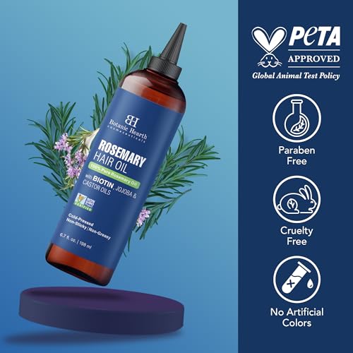 Botanic Hearth 100% Pure Rosemary Oil For Hair Growth (6.7 fl oz) | Infused With Biotin | Jojoba & castor Oil | Nourishing & Volumizing | Non GMO Verified
