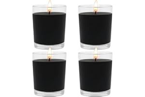 BERYSCEN Set of 4 Black Votive Candles for Halloween Pumpkin, Clear Glass Filled Unscented Soy Wax Candle for Dinner, Parties, Home Decorations and DIY