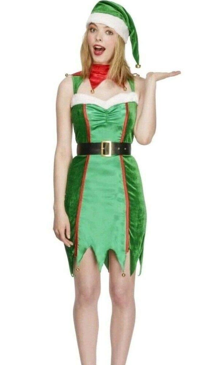 Smiffys Fever Naughty Elf Costume, Green With Dress, Belt and Hat, Fever Fancy Dress, Elf Dress Up Costumes