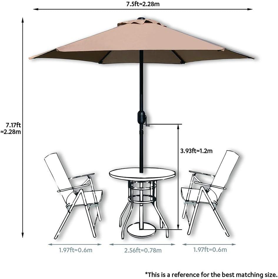 RabbitStorm Paraguas de Mercado de 7,5 Pies, Sombrilla de Mesa para Exteriores con Botón de Inclinación y Manivela para Jardín, Césped, Terraza, Patio Trasero, Piscina, 6 Varillas, Color Caqui