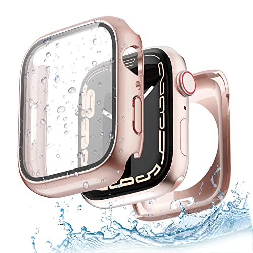 Yolovie 2-in-1 Waterproof Case Compatible with Apple Watch Series 10 42 mm Accessories, iWatch Glass Screen Protector PC Hard Protective Case + Back Frame for Men and Women 42 mm Rose Gold