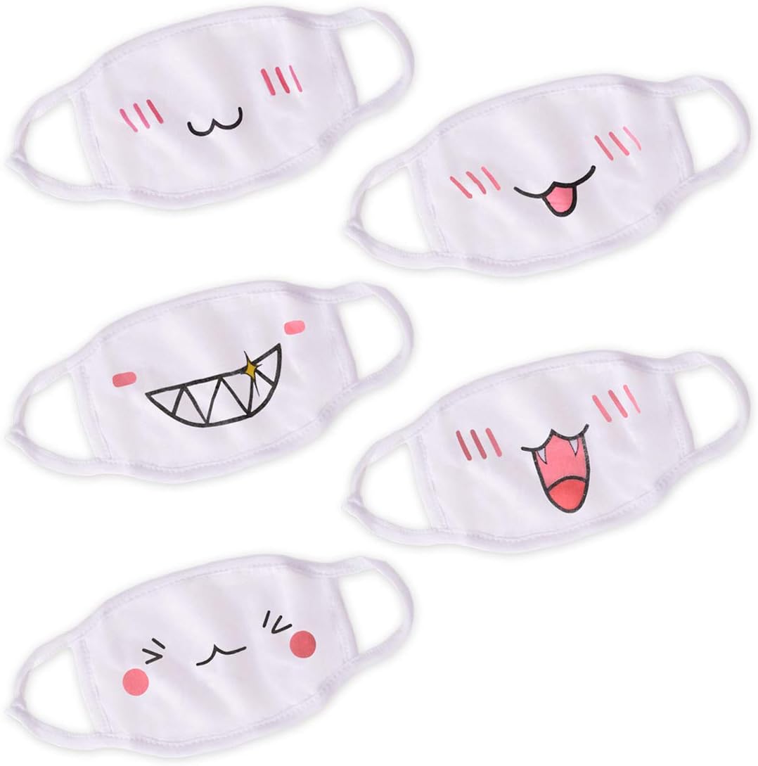 WITERY 5 Pack Unisex Mouth Mask Cotton Cute Cartoon Blend Anti Dust Face Mouth Mask Mouth-Muffle White for Men Women