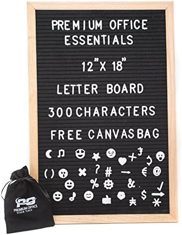 Premium Office Essentials | Changeable Felt Letter Board 12x18 Inch 100% Oak Wood Frame with Soft Black Felt. Includes 300 White Letters, Numbers &amp; Emojis Plus Free Canvas Bag