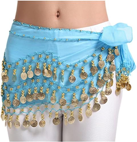Triangle Belly Dancing Hip Scarf Belt Waist Chain Wrap Costumes Dangling Gold Coins and Beads , sky blue