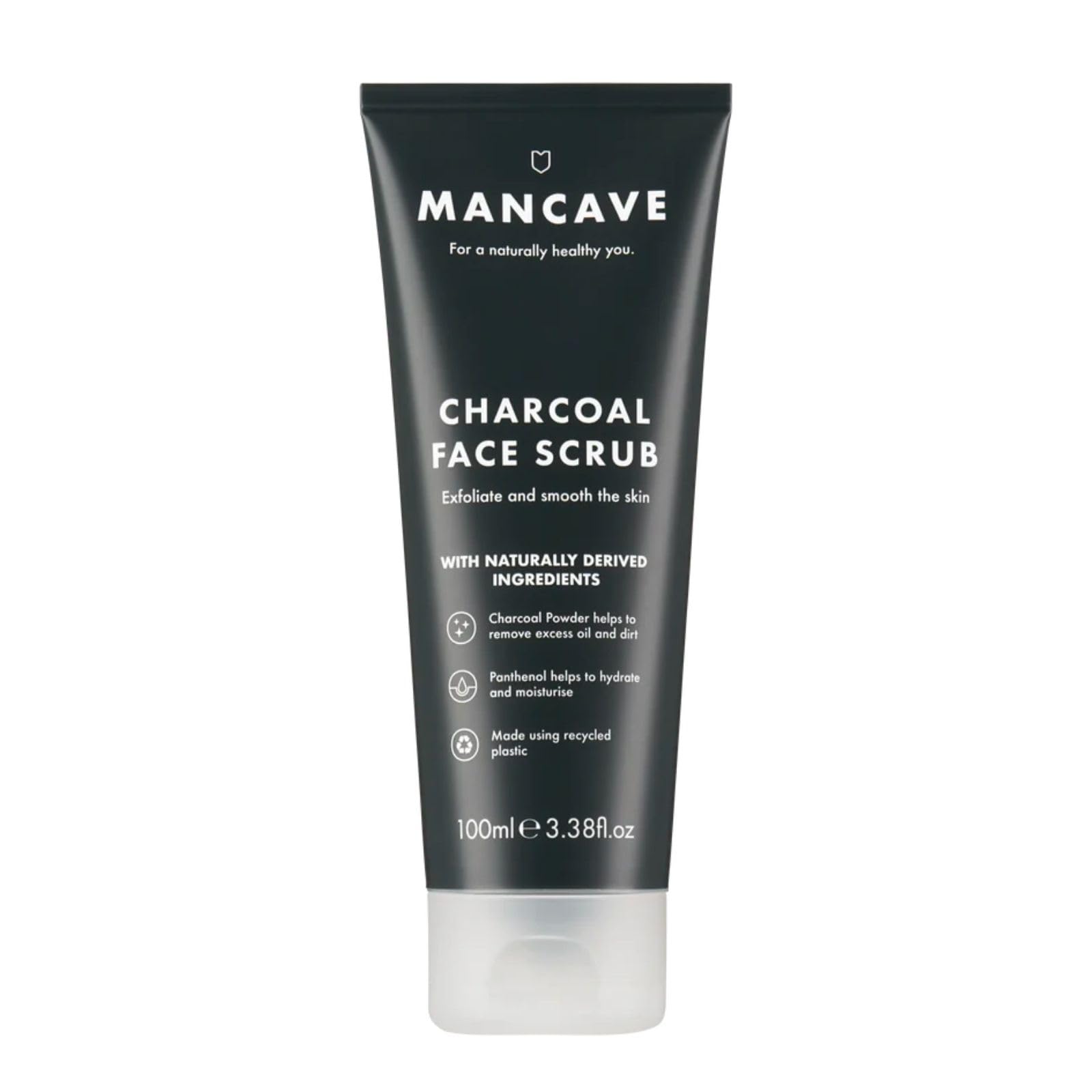 ManCave Charcoal Face Scrub 100ml for Men, Exfoliate & Smooth Skin, Dermatlogically Tested, Natural Formulation, Vegan Friendly and Cruelty Free, Tube made from Recycled Plastics, Made in England