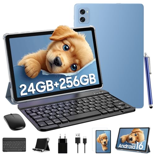 TABWEE Android 16 Tablet con Tastiera - 24 GB RAM+ 256 GB ROM(2 TB TF), Octa-Core, Gemini AI, Widevine L1, Tablet 10 Pollici, 5000 mAh, 8 MP+5 MP, Face ID, 3.5 mm Jack Port -Blu (4 Anni Garanzia)