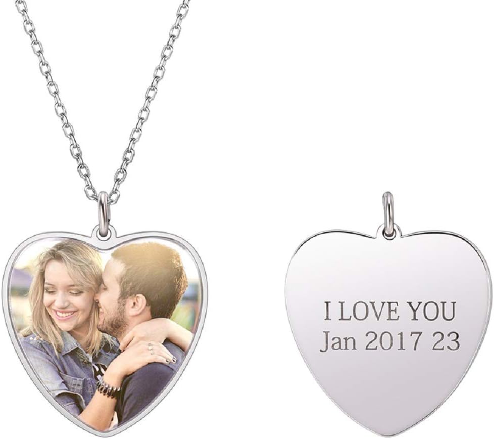 Custom Photo Necklace 925 Sterling Silver Dainty Chain 16-22 Inch Personalized Engrave Text Disc Coin Medal Heart Pendant with Memorial Image, Gift for Women Girls