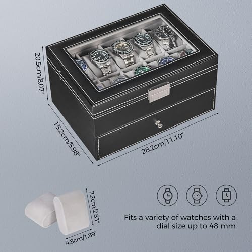 BEWISHOME Watch Case, 20-Slot Watch Box Organizer for Men Watch Case with Large Glass Lid Watch Travel Case Removable Watch Pillows, Mens Jewelry Box Watch Display Case, Watch Storage, Black SSH04B