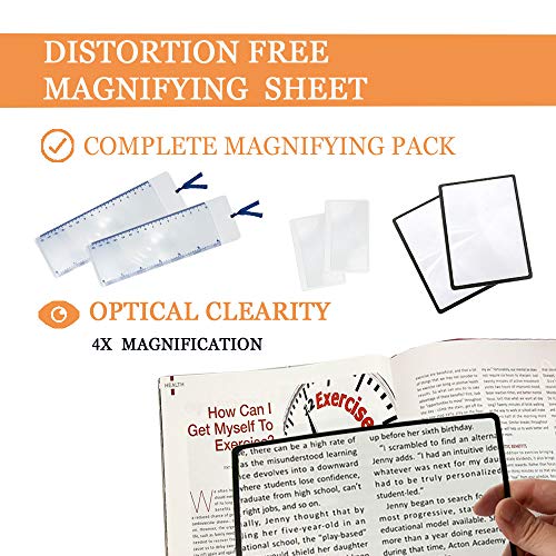 Magpro Full Page Magnifying Sheet 4.75" x 7" Set -Bonus 2 Bookmark Magnifier with Ruler & 2 Card Magnifier for Reading Books, Magazine, Newspaper & People with Low Vision