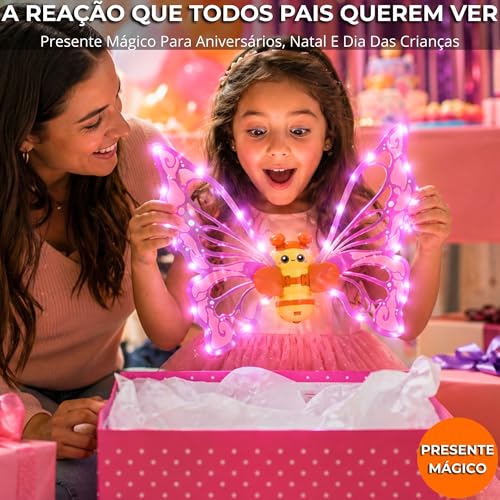 Asas de Borboleta Elétrica com Led, Luz e Música — Movimento Real, Fantasia Infantil Mágica, Para Meninas a Partir de 3 Anos