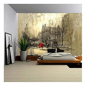 BRAND_NAMECouple in Red Walking on Street of City Freehand Sketch