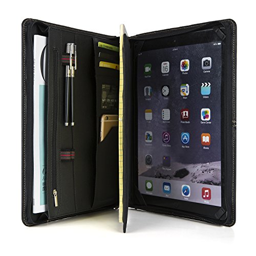 Professional Padfolio Organizer Genuine goatskin Leather Compact Portfolio Case for iPad Air/iPad Pro/Microsoft Surface Pro with Junior Legal (A4)Paper (iPad 4/3/2)