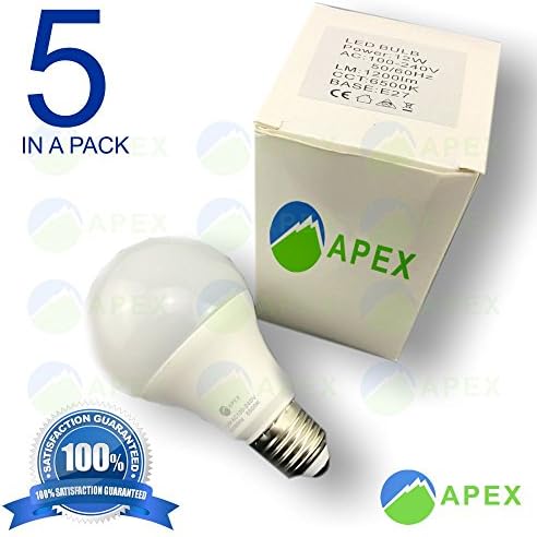 APEXBRAND A60 LED Light Bulb 12W White 6500k Medium Base E27 240 Degree Beam Angle Outdoor Flood Light Bulbs Led Bulb For Recessed Lighting Not Dimmable 5 In A Pack