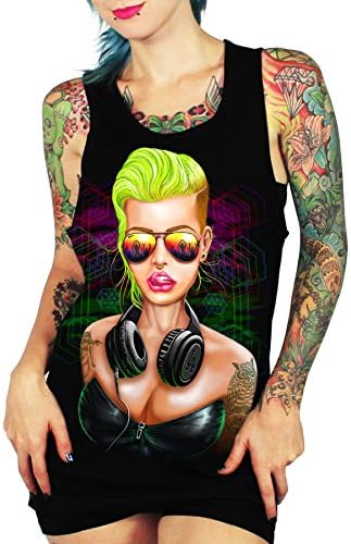 SFYNX 'Bass Junkie' Women's Rave Tank Top - Glow in the Dark EDM Clothing - Black light Reactive Tank (Medium)