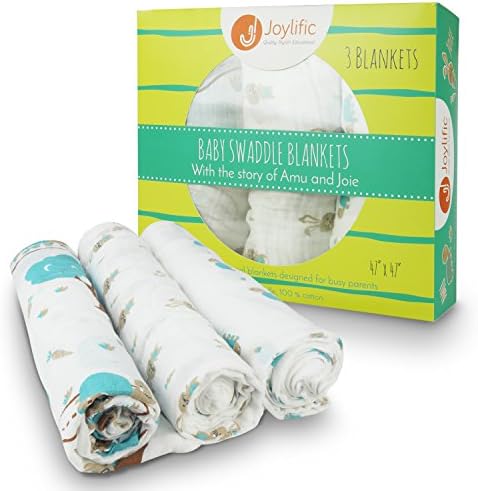 Baby Muslin Swaddle Blankets - Educational, 100% Soft Cotton 3 Pack, Swaddle and Receiving Blankets, Perfect Baby Shower Gift, with Mini Story of Amu the Turtle and Joie the Rabbit Racing