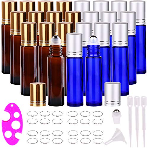 24 Pack (12 Amber+12 Cobalt Blue) Roller Bottles,10ml Thick Glass Roll on Bottle with Big Steel Ball for Essential Oil Perfume + Droppers(3) +Opener(1)+Funnel(1) +Extra Roller Ball(1) +Labels(24)