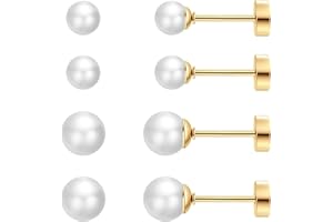 SmileBelle 2 Pairs Pearl Stud Earrings, Titanium Flat Back Earrings Stocking Stuffers for Women Screw Back Studs Hypoallergenic Cartilag Sleep Earrings Helix Piercing Pearl Jewelry Gift (4mm+6mm)