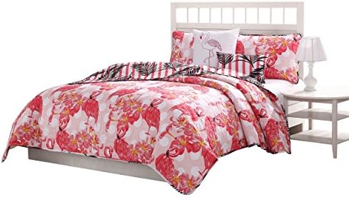 Quaint Home Flamingo 5-Piece Queen Quilt Set, Pink/Orange/White
