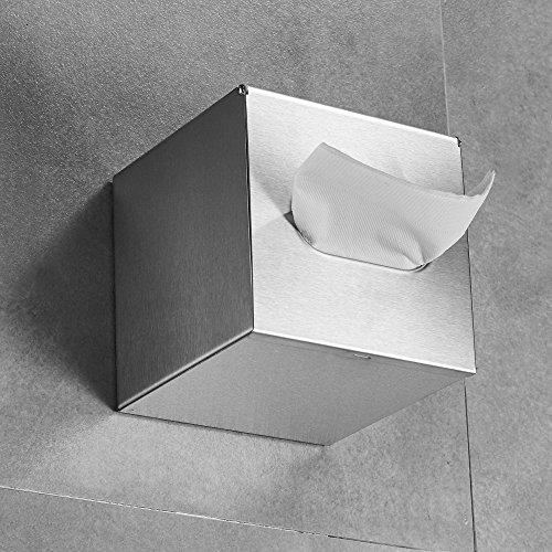 JunSun Square Paper Facial Tissue Box Holder Cover -Wall Mounted or Freestanding Use for Bathroom Vanity Countertops, Bedroom Dressers, Night Stands, Desks and Tables - Stainless Steel, Brushed Nickel