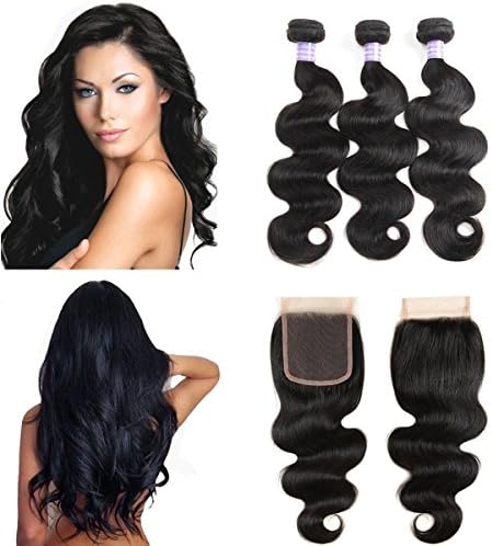 AMZTMY Brazilian Virgin Hair Body Wave 3 Bundles With Free Part Closure 100% Unprocessed Hair Extensions Remy Human Hair Weft Weave With 4×4 Lace Closure Natural Color (16 18 20+14inch Free Part)