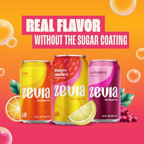ZEVIA ZERO SUGAR SODA, FRUITY VARIETY PACK, 12 OZ CANS (24-PACK) – NATURALLY SWEETENED, ZERO CALORIE SUGAR FREE SODA – NON-GMO PROJECT VERIFIED, GLUTEN-FREE, VEGAN