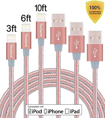 Tecland 3FT, 6FT, 10FT iPhone Nylon Braided Lightning Cables to USB Sync Charger with Aluminum Connector for iPhone7/7Plus/ 6/ 6s/ Plus /5s /5Plus/ 5, iPad.( Rose Golden )
