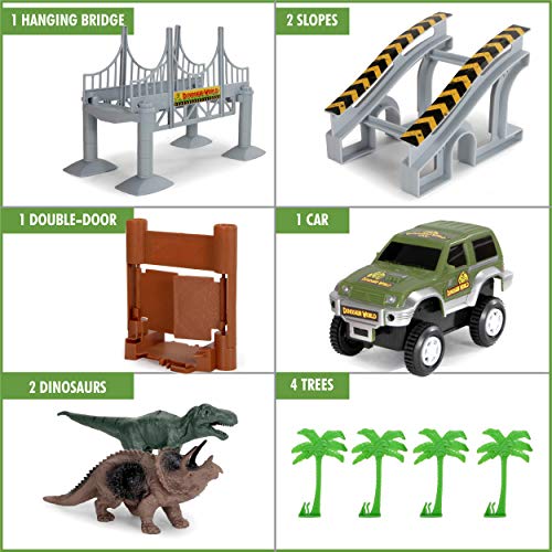 Dinosaur World Race Tracks - 142 Piece Playset, Toy Slot Car & 2 Dinosaur Toys + Storage Bag - Create a Jurassic Road Park Track with Bridge and Gate, for All Kids, Boys & Girls - Thumbnail 7
