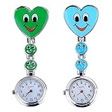 Polytree 2pcs Women's Smile Faces Heart Clip-on Pendant Nurse Fob Brooch Pocket Watch (Blue Green)