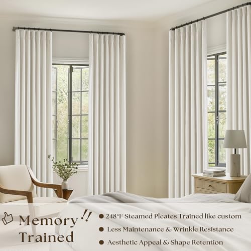 TWODRAPES 102 Inches Long Pinch Pleated Linen Blackout Curtains for Bedroom | Memory Trained Shape, 100% Blackout Light Blocking Curtains, for Living Dining Room, Natural Cream Farmhouse, with Back Tab