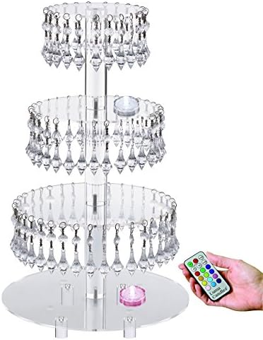 アクリル カップケーキ タワー スタンド With ハンギング クリスタル ブレッドウエディング パーティー ケーキ 4 Tier With Base Led Light