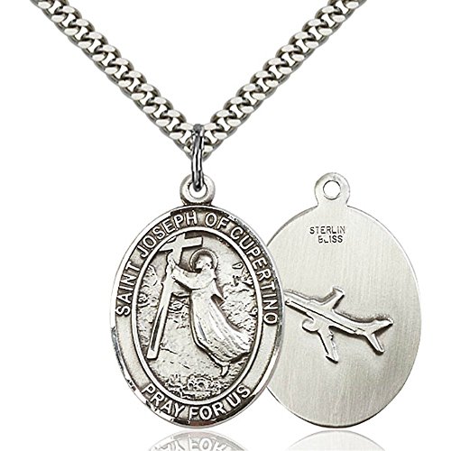 Sterling Silver St. Joseph Of Cupertino Pendant 1 x 3/4 inches with Heavy Curb Chain