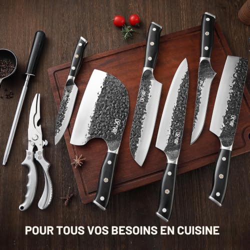 XCHIEF PRO Set of 6 hand forged Japanese kitchen knives | Carbon Steel Japanese Kitchen Knife Set with Carry Bag for Cooking, Camping, BBQ etc.