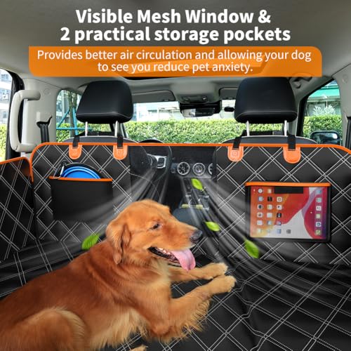 KYG Dog Seat Cover with Hard Back, Rear Seat Extender, Resistant, Scratch Resistant and Waterproof, Car Cover and SUV Black Orange 132 × 62 × 40 cm