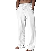 Runcati Mens Casual Pants Linen Drawstring Elastic Waist Loose Fit Straight Leg Pants Summer Beach Vacation Yoga Trousers