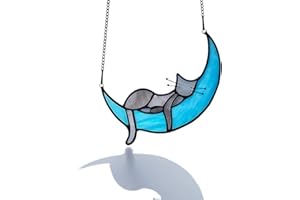 EPOGIFTS Sleeping Cat Stained Glass Window Hanging,Handcrafted Cat on Moon Suncatcher for Window,Cat Lovers Gifts for Women,Cat Themed Gifts for Mom Nana Sisters,Cat Gifts for Mother's Day