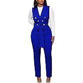 Womens 2 Piece Blazer Pants Set 2025 Trendy V Neck Sleeveless Belted Vest Straight Long Pants Business Suit Sets