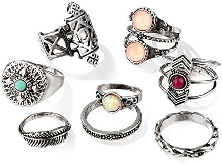 Hanloud Vintage Knuckle Rings Set Multi Cactus Crystal Crown Elephant Animal Stacking Rings 8/12/13 Pack